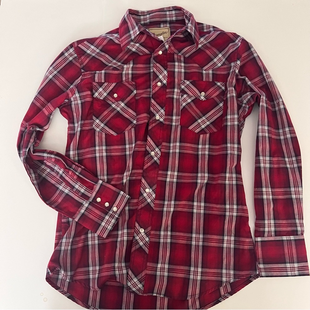 Wrangler Western M Red Black Plaid Long Sleeve Pearl Snap Button Up Shirt Medium